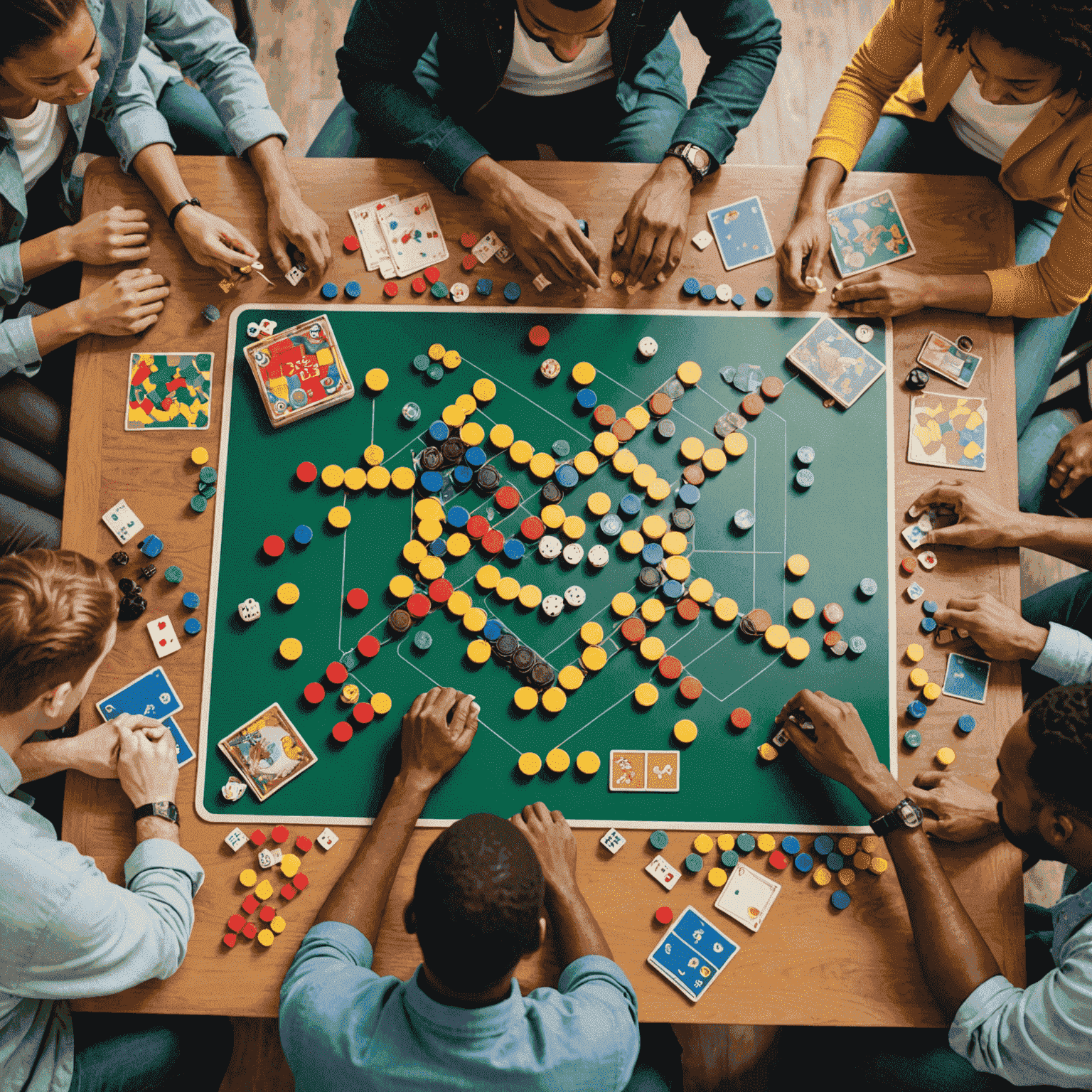 A diverse group of people playing a strategic board game, with colorful game pieces spread across a table. The players are engaged in thoughtful discussion, showcasing the social and cognitive aspects of gaming.