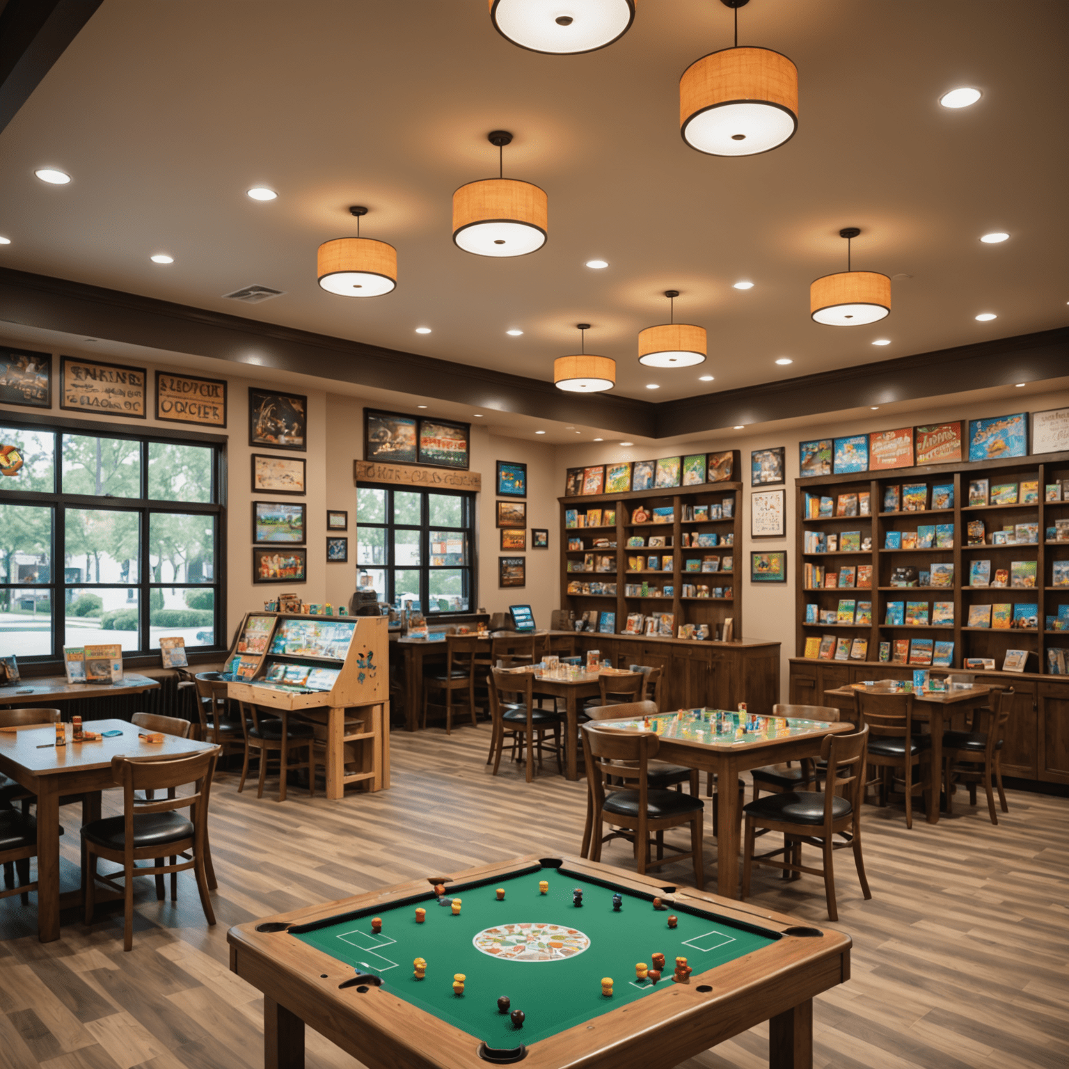 A welcoming game center with colorful board games displayed on shelves, comfortable seating areas, and people of all ages enjoying various games at tables