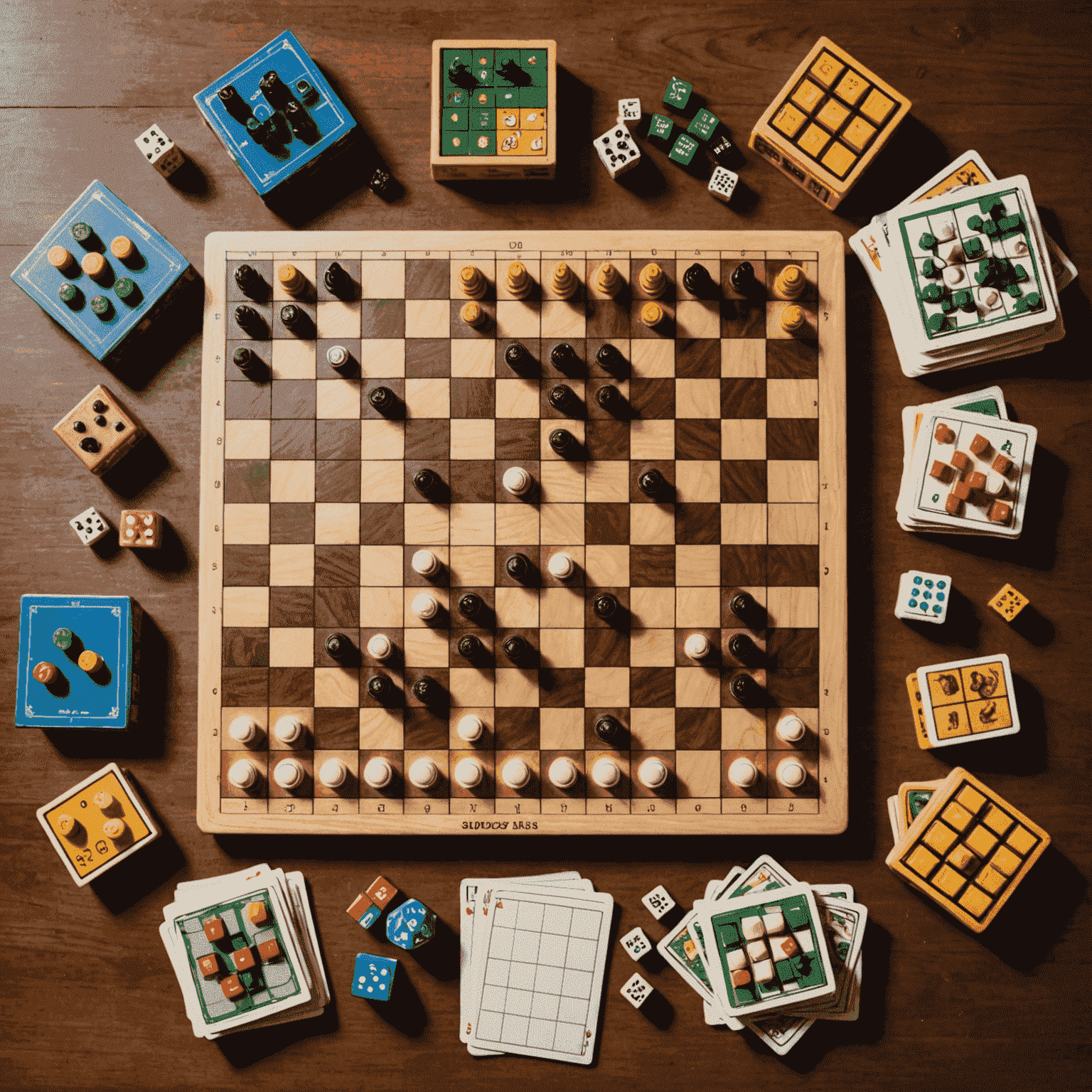 Various board games laid out on a table, showcasing games that develop logical thinking skills. Chess, Sudoku, and Rubik's Cube are prominently displayed.