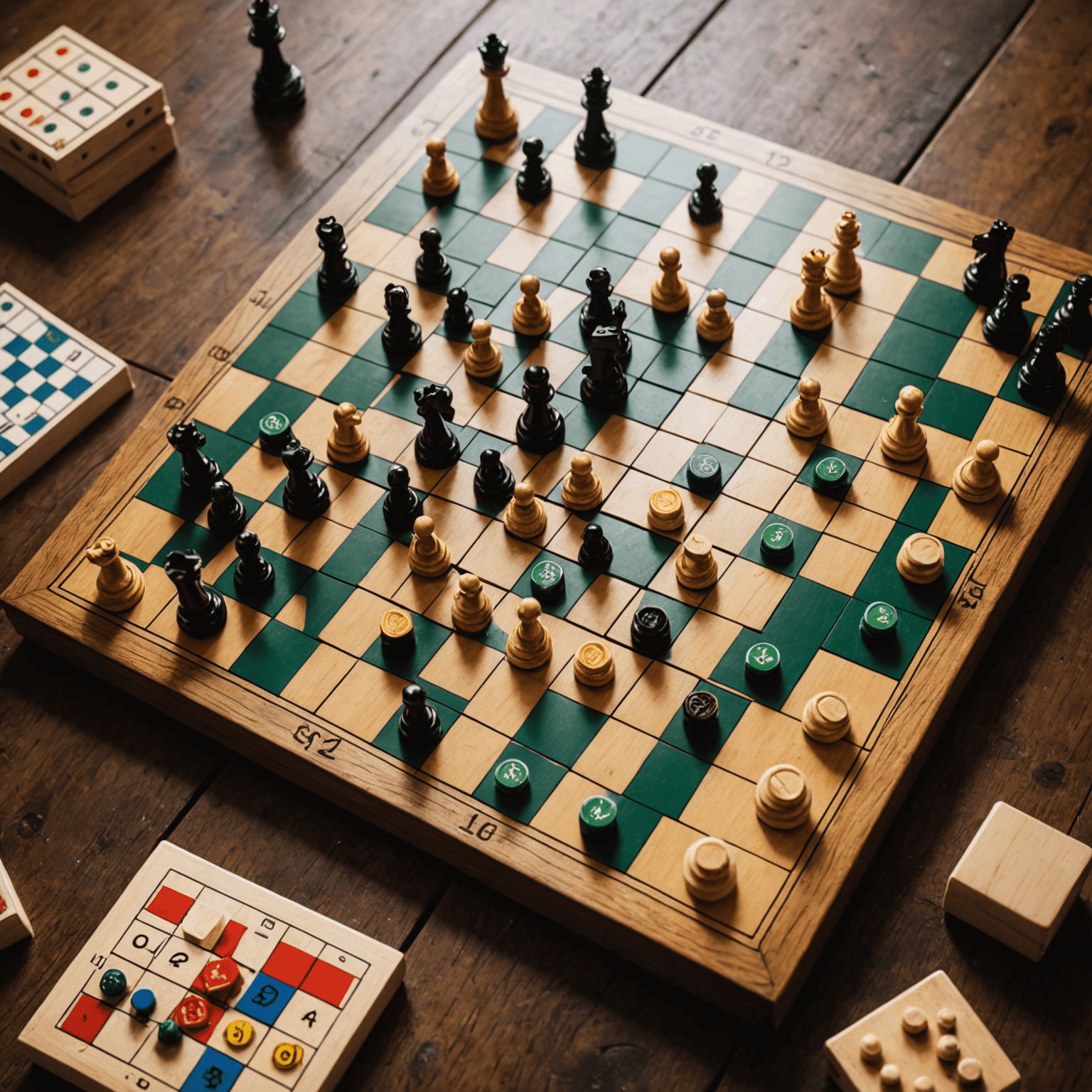 Various logic-based board games laid out on a wooden table, including chess, Rubik's cube, and Sudoku puzzles.