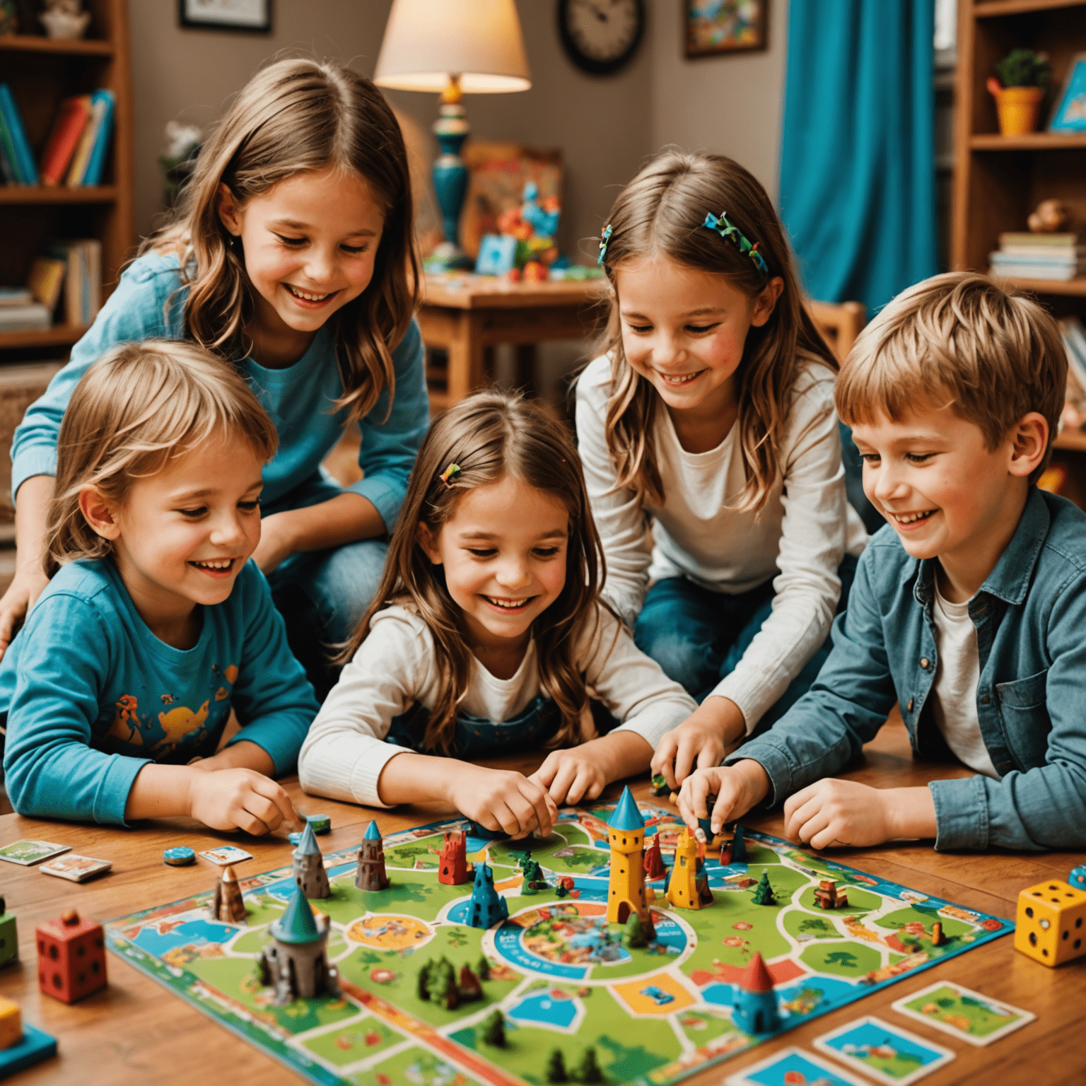 A group of children playing a colorful board game with imaginative elements like castles, dragons, and magical creatures. The kids are smiling and engaged, showcasing the joy of creative play.