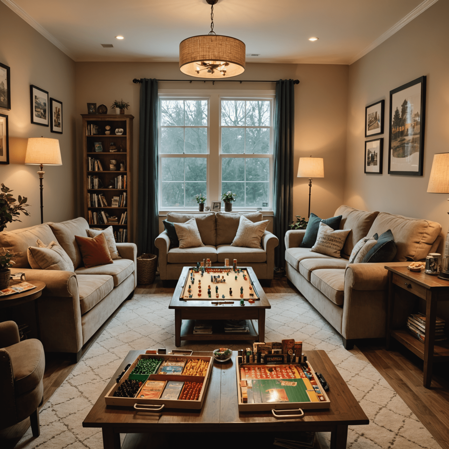 A cozy living room setup with a large table, comfortable chairs, and an assortment of board games spread out. Soft lighting and snacks are visible, creating an inviting atmosphere for a game night.