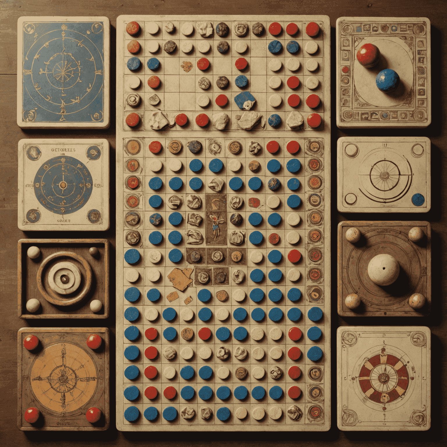 A collage of ancient and modern board games, showing the evolution from simple stone boards to complex modern games