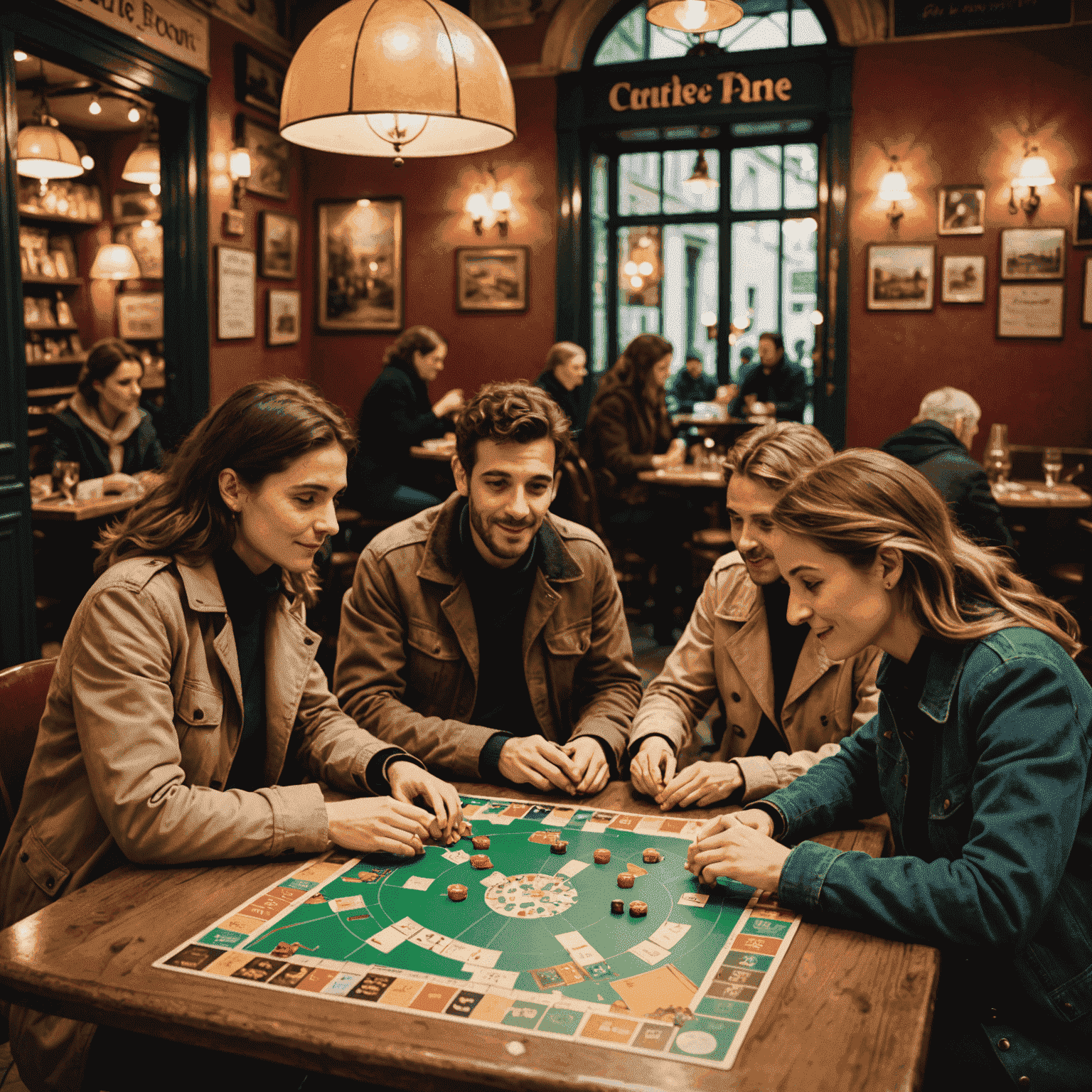 A group of French people playing a cooperative board game in a cozy Parisian café. The game board shows a collaborative adventure theme.