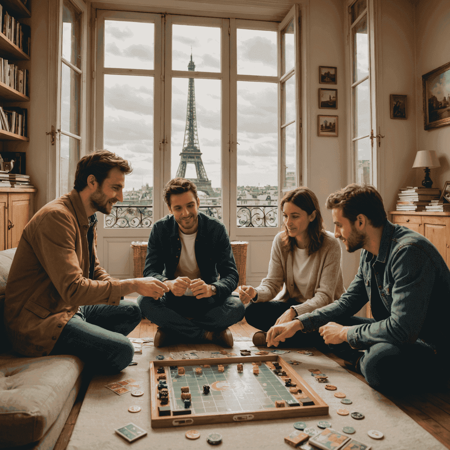 A group of French friends playing a cooperative board game in a cozy Parisian apartment, with the Eiffel Tower visible through the window.