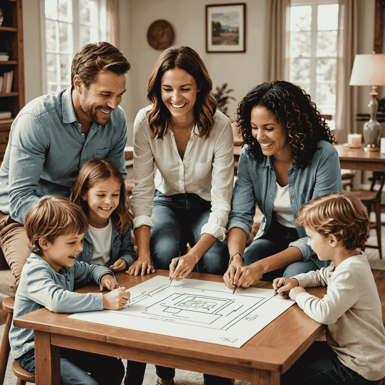 A family gathered around a table, laughing and playing Pictionary. One child is enthusiastically drawing on a large pad while others are guessing, showcasing the fun and interactive nature of the game.