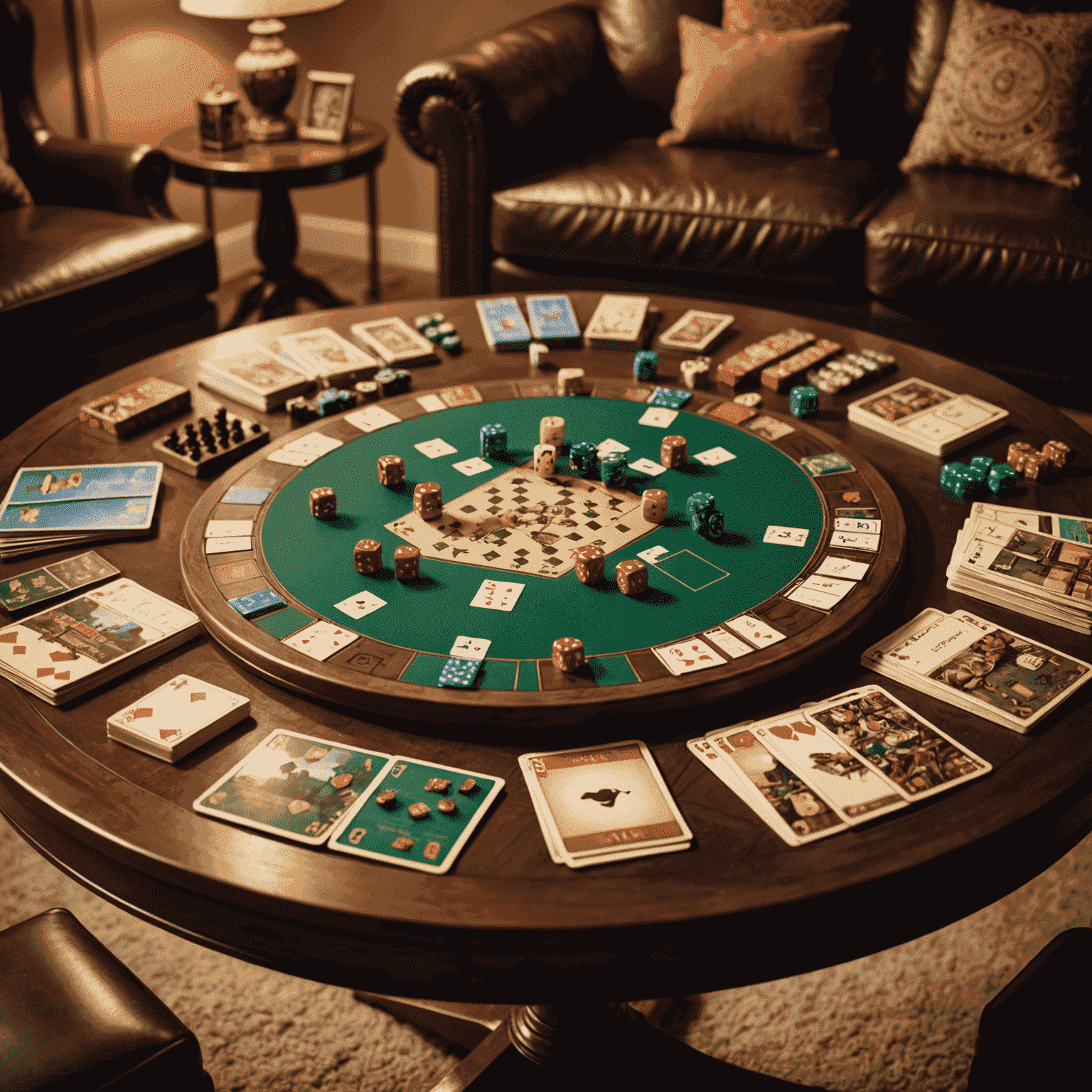 A close-up of a game table with various board games, dice, cards, and game pieces neatly arranged. Soft, warm lighting illuminates the scene, creating an inviting and cozy atmosphere.