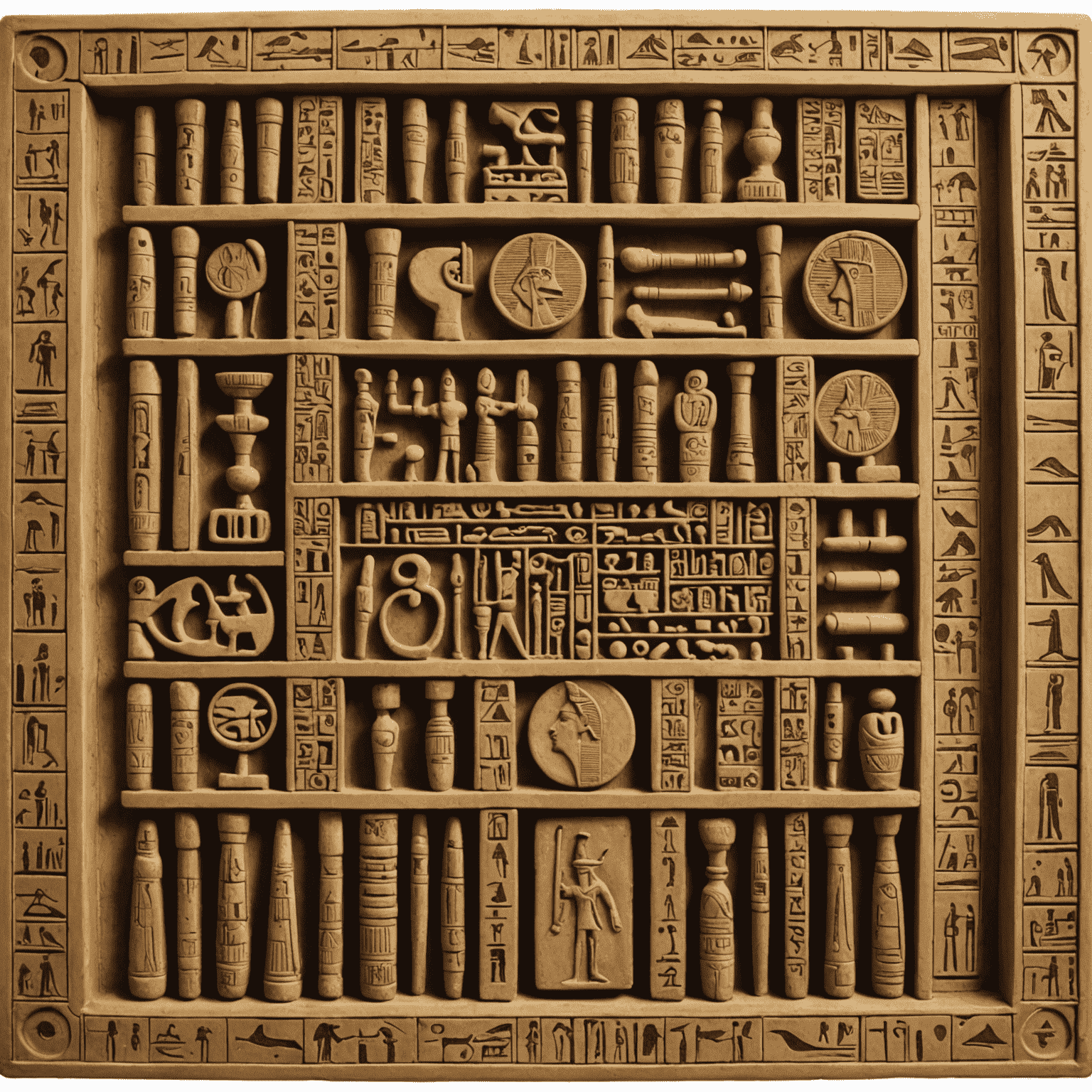 An ancient Egyptian Senet board with playing pieces, showcasing intricate hieroglyphics and craftsmanship