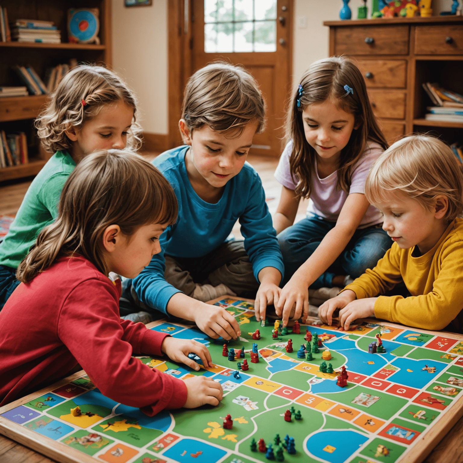 Children playing with colorful, imaginative board games. The image shows kids engaged in storytelling games, art-based board games, and fantasy role-playing games.