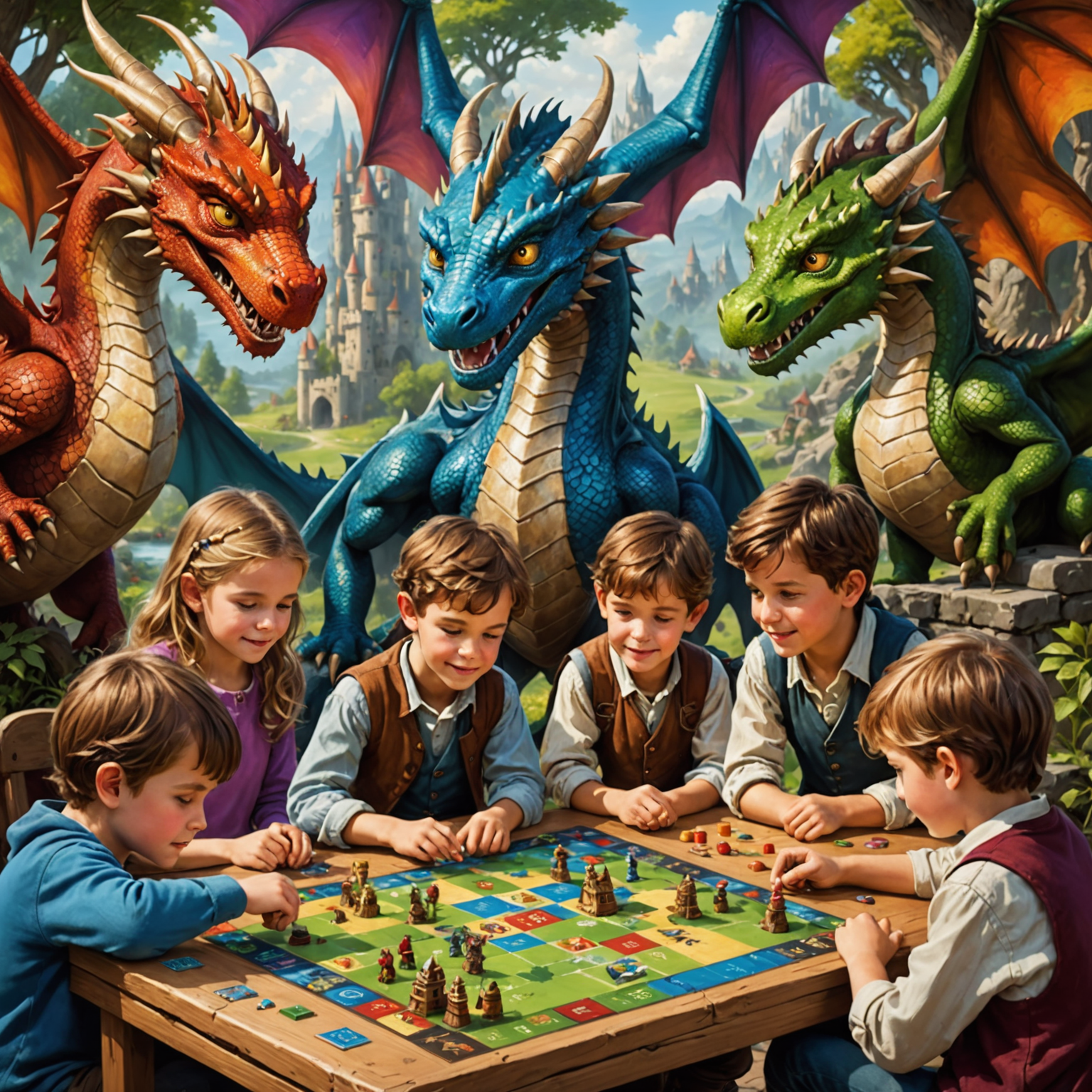 Children playing colorful, imagination-boosting board games with fantasy elements like dragons, castles, and magical creatures.