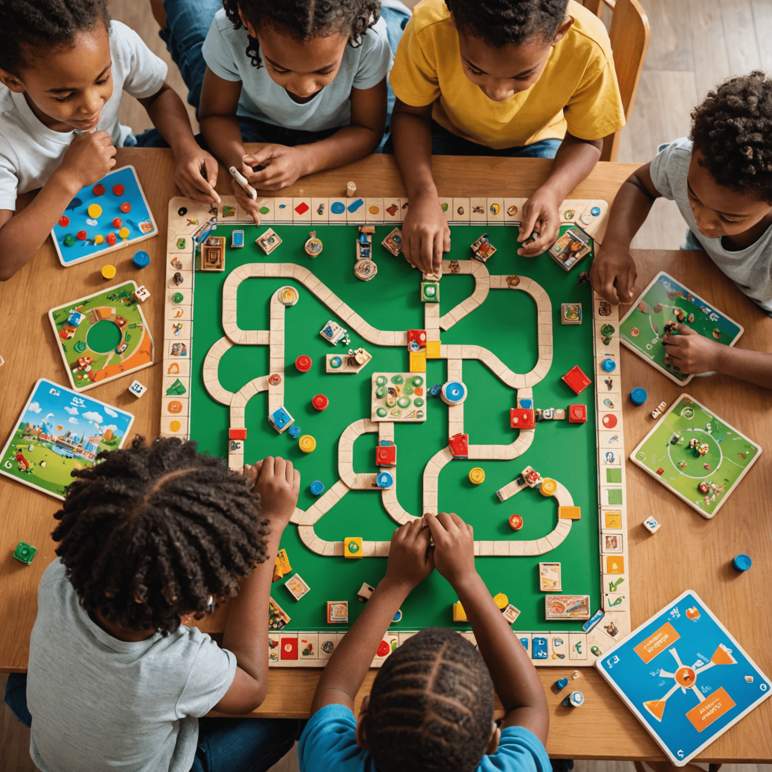 A diverse group of children engaged in various creative board games. The image shows different games mentioned in the article being played simultaneously, highlighting the variety and educational value of these games.