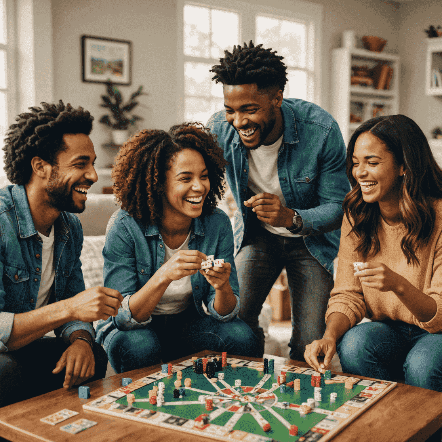 A diverse group of friends laughing and enjoying a board game together. The image captures the joy and camaraderie of a successful game night, with players engaged in friendly competition.