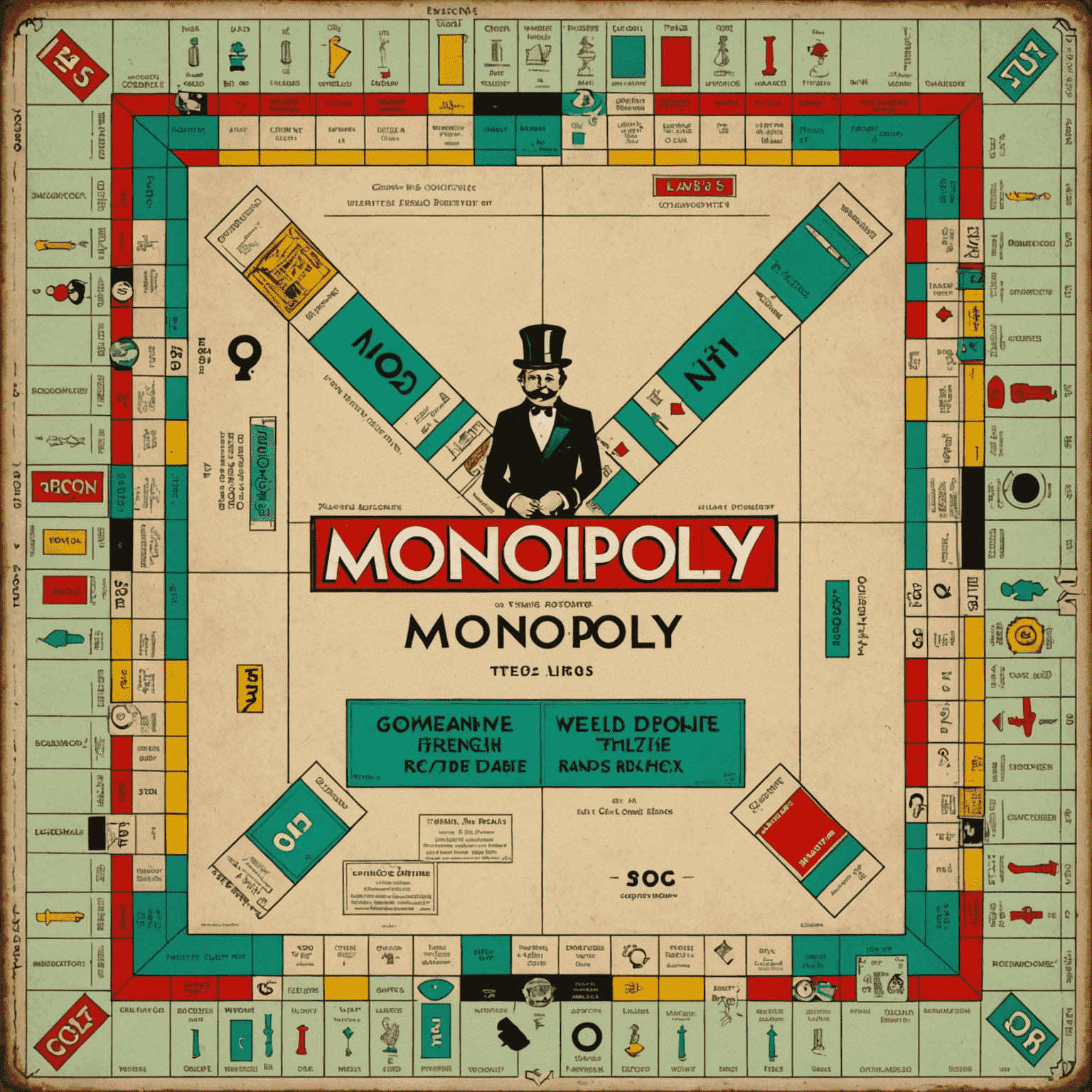 A vintage Monopoly board from the early 20th century, showing the classic properties and iconic game pieces