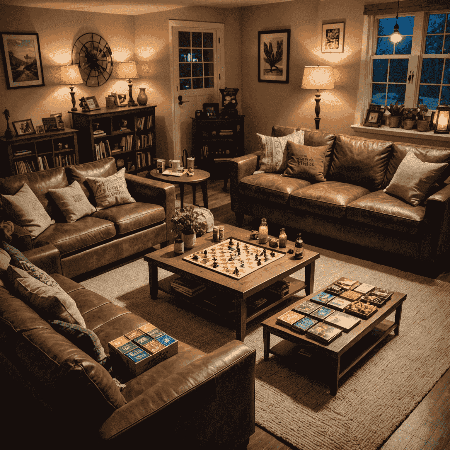 A cozy living room set up for a board game night, with snacks, drinks, ambient lighting, and a variety of games ready to play.