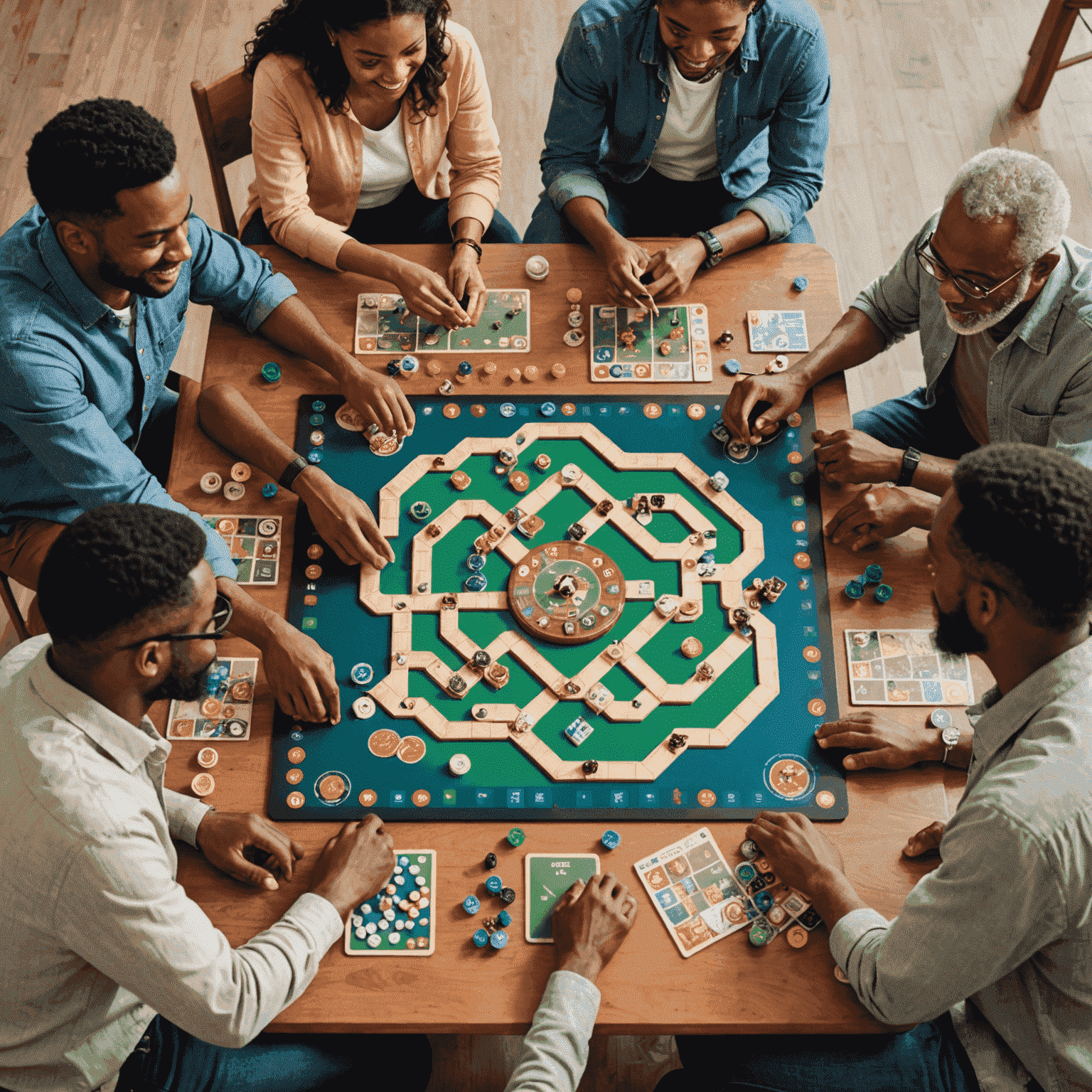 A diverse group of people of various ages playing a modern board game together, illustrating the social and cultural aspects of gaming