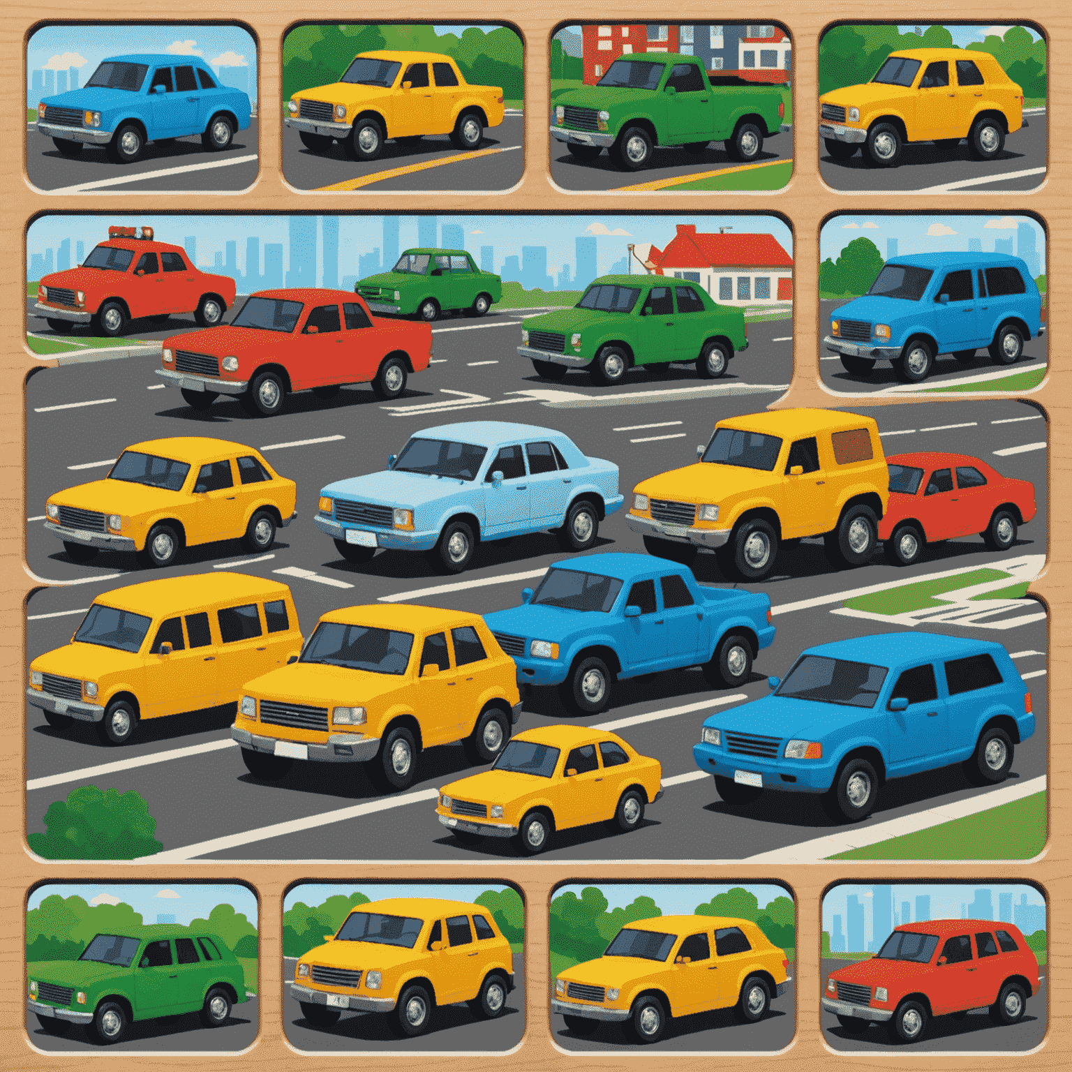 Rush Hour sliding block puzzle game with various vehicle pieces