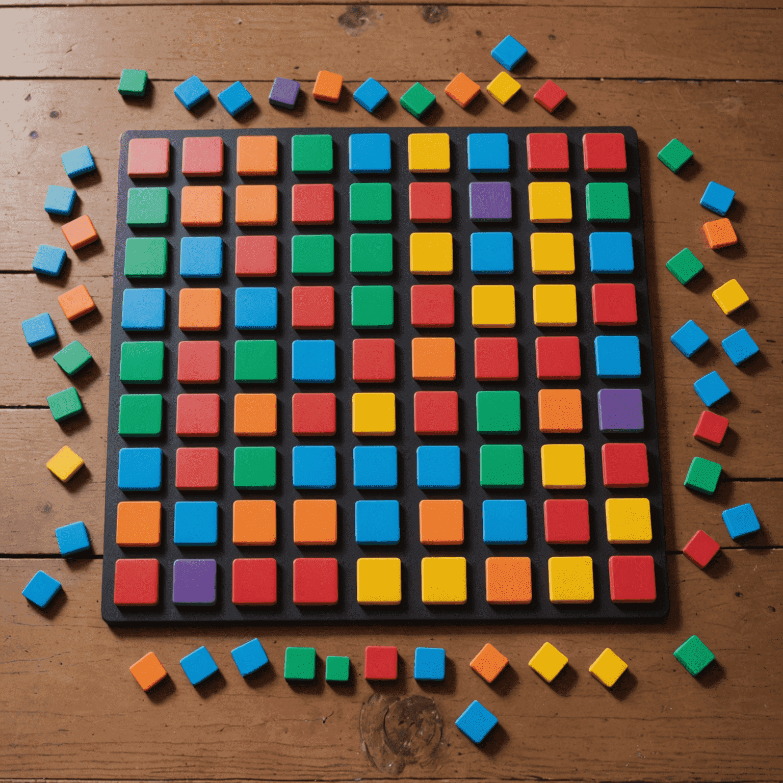 Qwirkle game with colorful tiles featuring various shapes laid out on a table