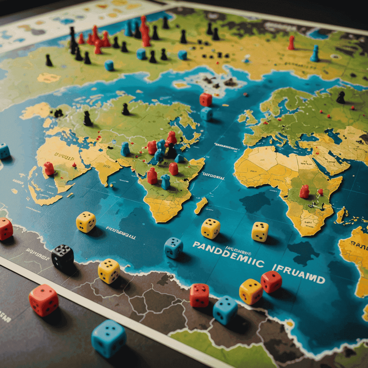 Pandemic board game setup showing a world map with disease cubes and player pawns