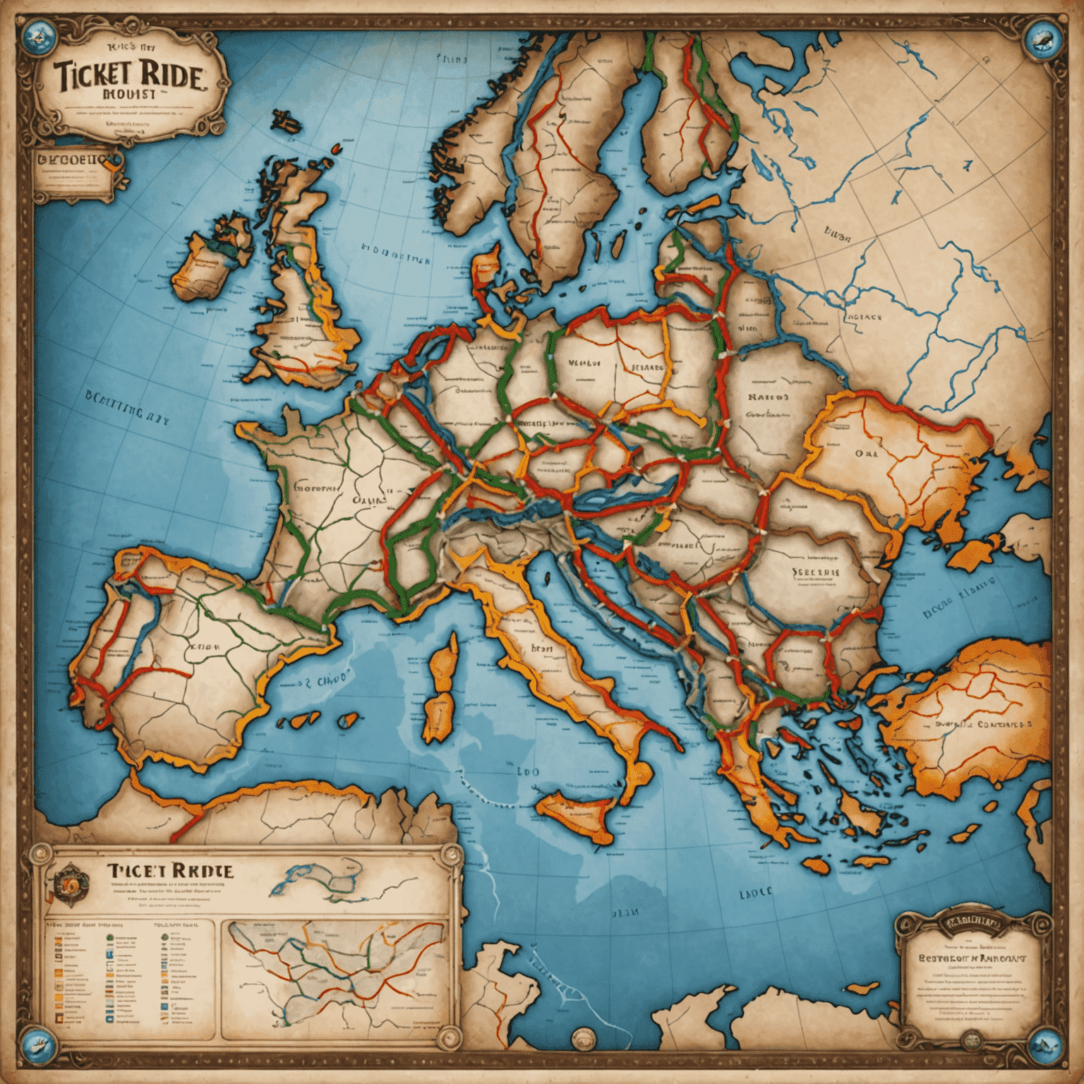 Ticket to Ride game board featuring a map of train routes across a continent