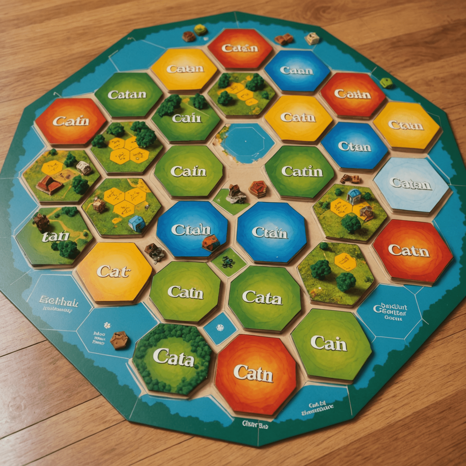 Catan game board set up with hexagonal tiles, settlements, and resource cards